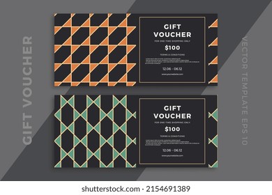 Moderne abstrakte, dunkle Geschenkkarten-Vorlagen. Eleganter Rabattcoupon oder Zertifikat mit künstlerischem geometrischem Muster. Sauberer und einfacher, vektorbearbeiteter Hintergrund mit Beispieltext. EPS10
