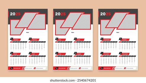 Calendario abstracto de pared rojo oscuro moderno para el año 2025 con marcadores de posición de Imagen, la semana comienza el domingo