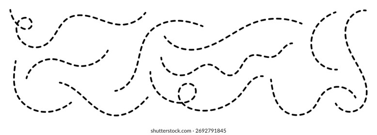 Modern abstract dashed line design. Hand drawn curve dotted line, Spiral dotted line hand drawn, Dotted lines path on white background. Path travel dotted line trip dashed trace destination track
