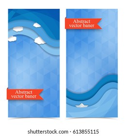 Modern abstract decorative vertical banners with blue wavy lines and white clouds on light triangular background vector illustration