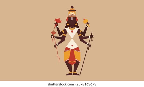 Modern abstract depiction of Lord Vishnu with multiple arms, holding divine symbols, representing balance, protection, and preservation in Hindu mythology