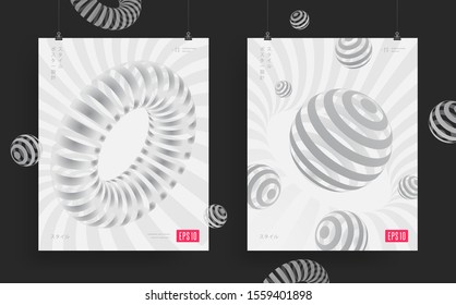 Modern abstract design background. Futuristic posters flyers with geometric elements shapes and small japanese text (english translation: «poster design» and «style»). Eps 10 vector illustration