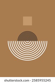 Modern abstract design with beige square and black and white concentric circles on a brown background, perfect for contemporary decor