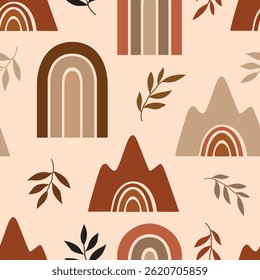 Modern abstract design with boho rainbows, mountains, and leaves in warm earthy tones on a neutral background.