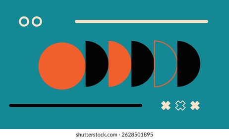 Modern abstract design with bold half circles, lines, and X elements in orange, black, and beige over a teal background. Simple and dynamic.