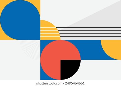 Modern abstract design with a bold mix of blue yellow and red circles and contrasting lines perfect for captivating visuals