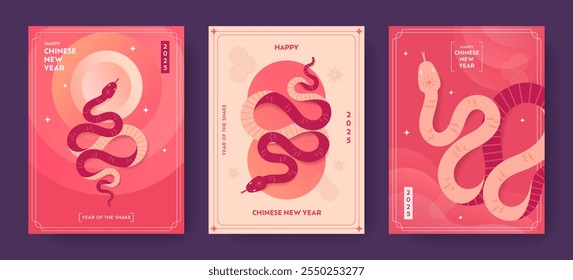 Modern abstract design of Chinese New Year 2025 cards set. Lunar new year concept templates. Year of the snake. Colorful geometric background for poster, banner, cover, invitation, calendar, flyer.