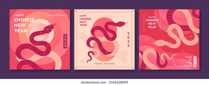 Modern abstract design of Chinese New Year 2025 cards set. Lunar new year concept templates. Year of the snake. Colorful geometric background for poster, banner, cover, invitation, calendar, flyer.