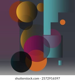 A modern abstract design of circles, squares, and polygons with vibrant teal, magenta, and golden hues on a dark gray background. Overlapping shapes with transparency and gradients create depth and ha