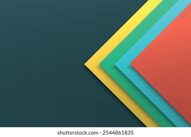 Modern abstract design with color layers in blue, peach, yellow, and green on dark background.