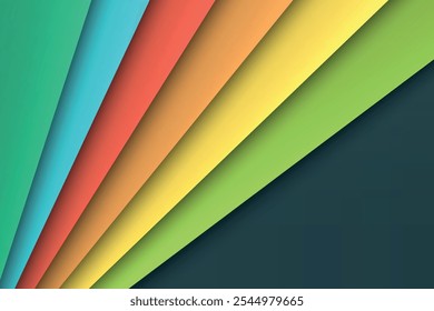 Modern abstract design with color layers in blue, peach, yellow, and green on dark background.