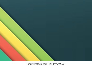 Diseño abstracto moderno con capas de color en azul, melocotón, amarillo y verde sobre fondo oscuro.