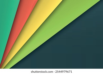 Diseño abstracto moderno con capas de color en azul, melocotón, amarillo y verde sobre fondo oscuro.