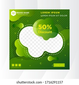 Modern abstract design element, liquid shape with colorful green elements, square layout, for nature banner. Gradient 3d background, geometric diagonal line pattern and texute. space for photo.