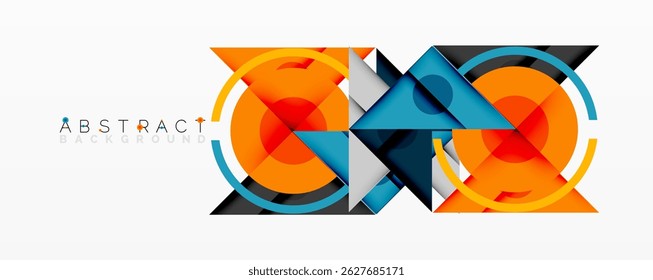Modern abstract design features overlapping circles, triangles, squares. Orange, blue tones create dynamic composition. Clean, minimalist aesthetic.