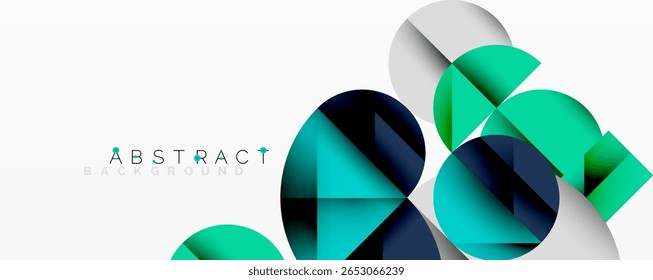 Modern abstract design features overlapping circles, squares. Teal, navy, silver hues create dynamic composition. Minimalist aesthetic.