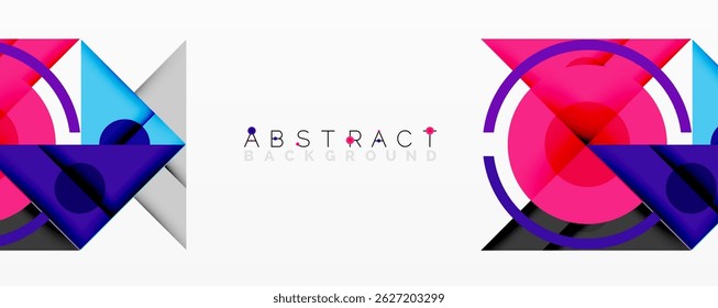 Modern abstract design features vibrant shapes, circles, layers. Pink, blue, purple hues create dynamic composition. Minimalist style.