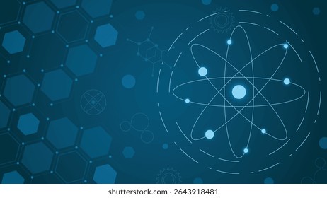 Design moderno abstrato com estrutura atômica, padrões hexagonais e símbolos moleculares perfeitos para ciência, tecnologia e projetos relacionados à pesquisa e apresentações.