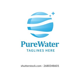 Modern abstract design featuring a blue spherical shape with flowing wave patterns and sparkling star elements