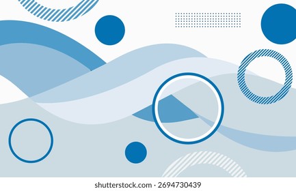 A modern abstract design featuring blue waves, solid circles, striped circles, and a dotted rectangle on a white background.