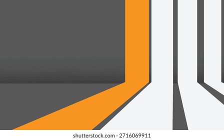 A modern abstract design featuring bold orange and white geometric lines set against a cool grey background, creating a sense of depth and perspective, perfect for contemporary digital graphics