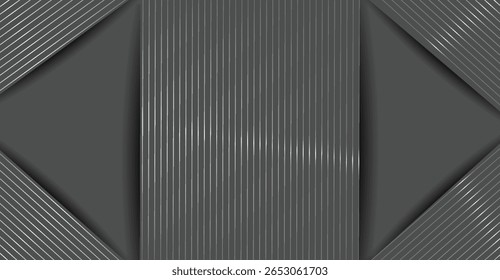 Um design moderno e abstrato com um painel central vertical com linhas paralelas, flanqueado por formas angulares com linhas diagonais, tudo em tons de cinza.