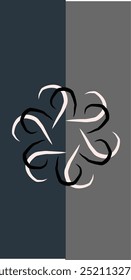 A modern abstract design featuring a circular pattern of six curved shapes. The composition is set against a dual-toned background, with dark blue and gray halves. Perfect for contemporary art