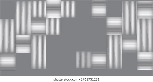 Modern abstract design featuring a creative layout of white striped blocks over a solid gray background. The composition uses overlapping rectangular shapes with subtle shadows to create a sophisticated 3D weave effect. Ideal for corporate branding, tech presentations, and minimalist web backgrounds.