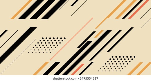 Modern abstract design featuring diagonal lines and dotted patterns in black, orange, and red on a beige background.
