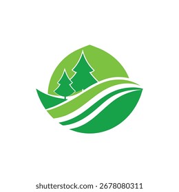 A modern, abstract design featuring flowing green shapes reminiscent of hills and nature, rendered in a vibrant color palette.