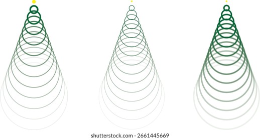 Modern abstract design featuring green cone-shaped gradients of concentric circles topped with yellow dots. A minimal, symbolic representation of Christmas trees or data waveforms