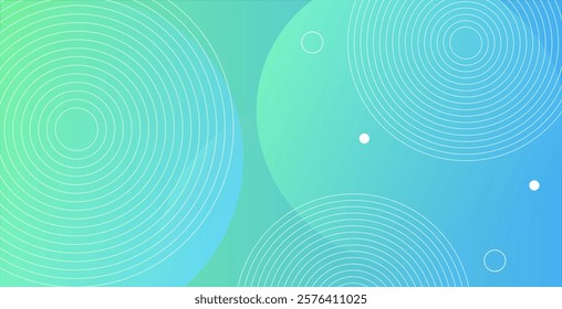 Modern abstract design featuring a green-to-blue gradient background with a combination of circular patterns and solid circles. Perfect for digital artwork and creative backgrounds.