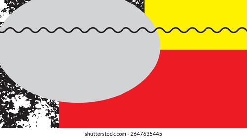 Modern abstract design featuring a grey circle with textured edges, bordered by a black wavy line, set against yellow and red geometric shapes.