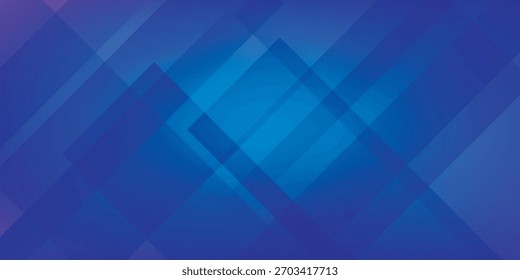 A modern abstract design featuring layered, translucent geometric shapes. The composition uses a cool palette of blue and purple, creating a sense of depth and movement.