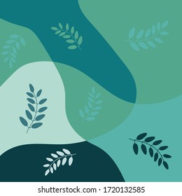 Modern abstract design featuring organic shapes in different hues of green and bluish-green. Square proportion. Greeting card, flyer, or background for a website and social media.