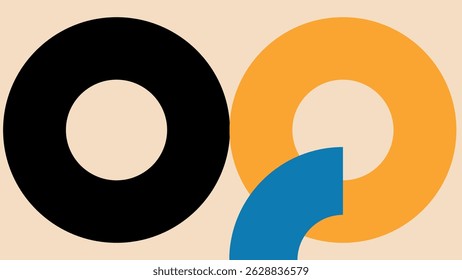 Design moderno abstrato com sobreposição de formas circulares em tons de preto, laranja e azul, dispostos em um fundo bege neutro.