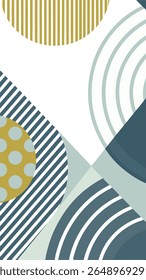 A modern abstract design featuring overlapping geometric shapes and patterns in a muted color palette of gold, teal, and off-white, creating a contemporary visual composition.