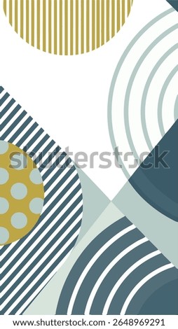 A modern abstract design featuring overlapping geometric shapes and patterns in a muted color palette of gold, teal, and off-white, creating a contemporary visual composition.