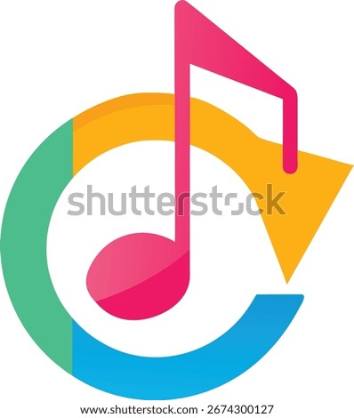 A modern and abstract design featuring a pink musical note integrated into a circular, arrow-like shape, suggesting repetition or a continuous flow of music. Isolated on white.