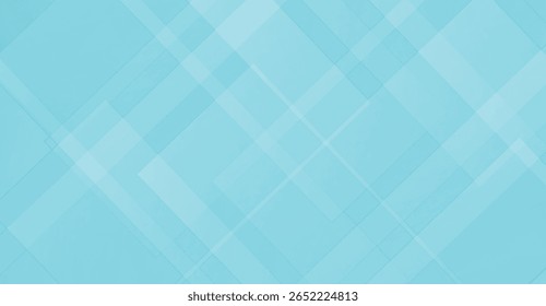 A modern abstract design featuring a series of overlapping geometric shapes, primarily squares and lines, in varying shades of light blue. The composition creates depth.