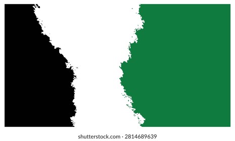A modern abstract design featuring a vertical split of black, white, and vibrant green colors with irregular, textured edges.