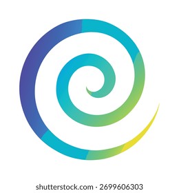 Um design abstrato moderno com uma vibrante espiral azul-verde-amarelo em um fundo branco, simbolizando movimento, profundidade e crescimento