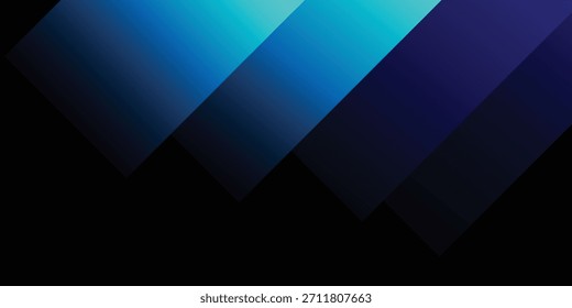Diseño abstracto moderno con bandas diagonales geométricas que muestran una transición de color suave de azul claro a índigo profundo, creando un efecto visual dinámico sobre un fondo oscuro.