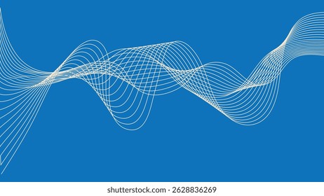 Modern abstract design with intersecting light curved lines forming elegant wave structures over a solid blue background, expressing fluid motion.