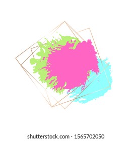 Modern abstract design isolated on a white background. Vector design template for banner, card, cover. Golden thin frame and rose, green, blue hand drawn spots on a white background.