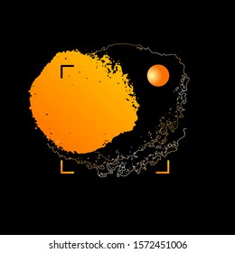 Modern abstract design isolated on a white background. Orange spot, 3d ball and gold hand drawn path on a white background. Vector design template for banner, card, poster. 
