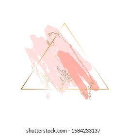 Modern abstract design isolated on a white background. Pink and gold brush strokes in gold triangle on a white background. Vector design template for banner, card, poster. 