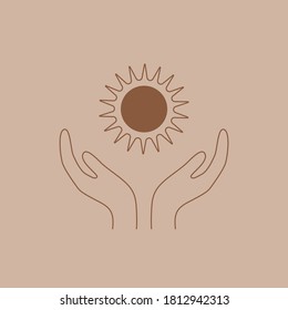 Modern abstract design in linear minimal style with hands and sun. Vector design for cosmetics, spa, beauty, posters, wall decor
