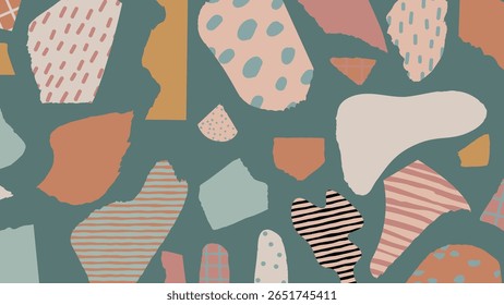 Modern abstract design with multicolor cutout shapes on a pastel surface. Features textures like grids, stripes, and scribbles for a playful artistic effect.