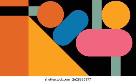 Modern abstract design with overlapping geometric shapes in vivid orange, blue, pink, and yellow tones on a black background. Ideal for posters, branding, and editorial visuals.